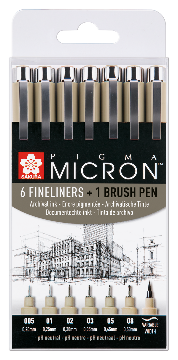 Set 6 feutres noirs à pointe calibrée Pigma Micron +1 brush