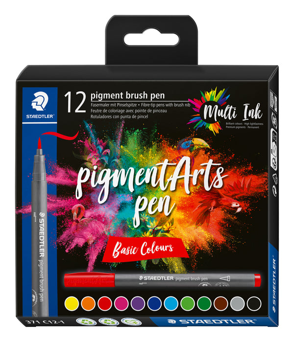 Pigment brush 371 - Etui carton 12 feutres pointe pinceau couleurs basiques assorties - Encre Multi Ink intense