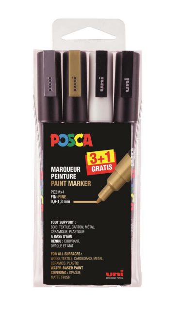 Pochette marqueurs Noir, Blanc, Or, Argent Posca pointe conique fin 0,9 à  1,3 mm
