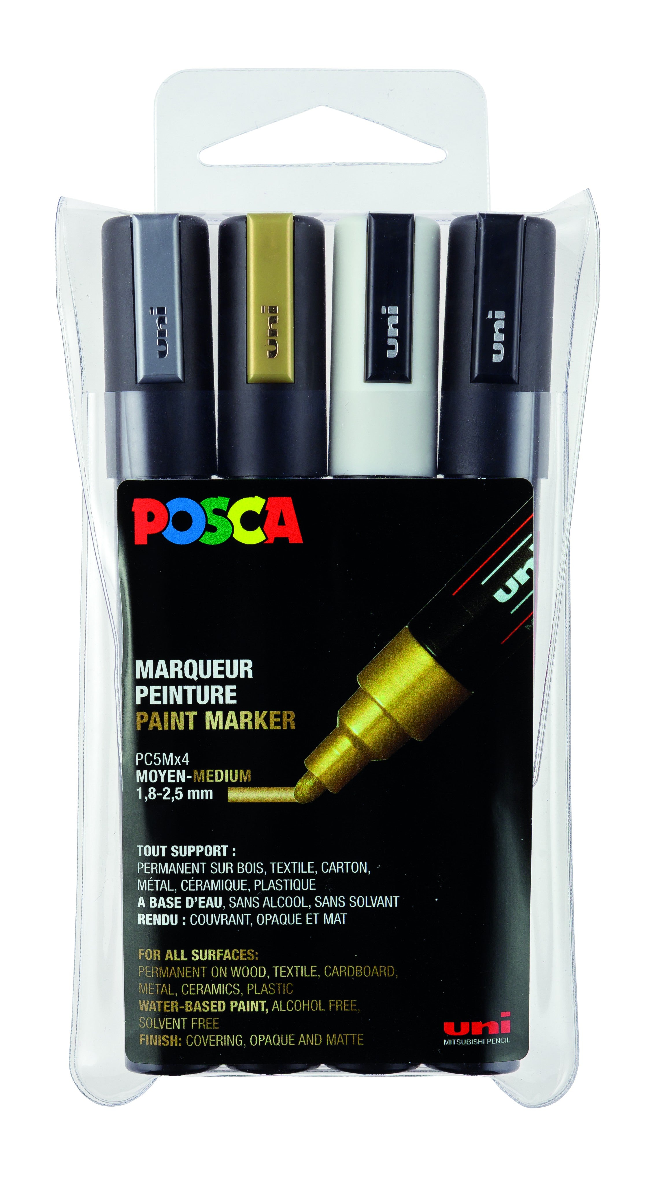 POSCA Pochette de 4 marqueurs POSCA. Pointe fine conique 0,9-1,3mm. Coloris  : or, argent, noir, blanc