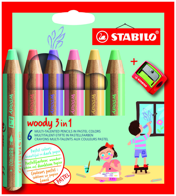 Pochette de 6 crayons de couleurs STABILO Woody 3 en 1 teintes Pastel + taille-crayon