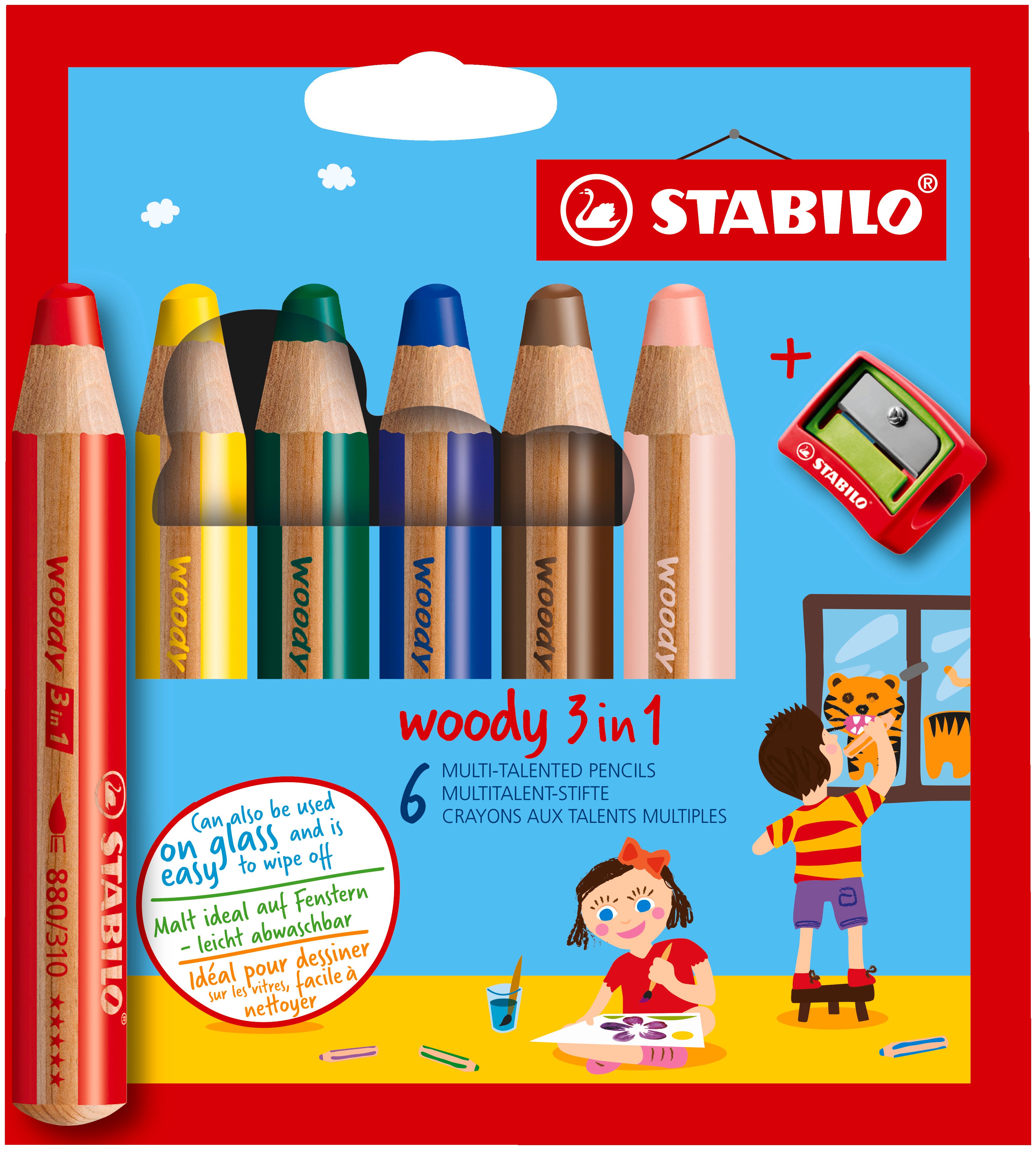 Pochette de 6 crayons de couleurs STABILO Woody 3 en 1 teintes Pastel +  taille-crayon