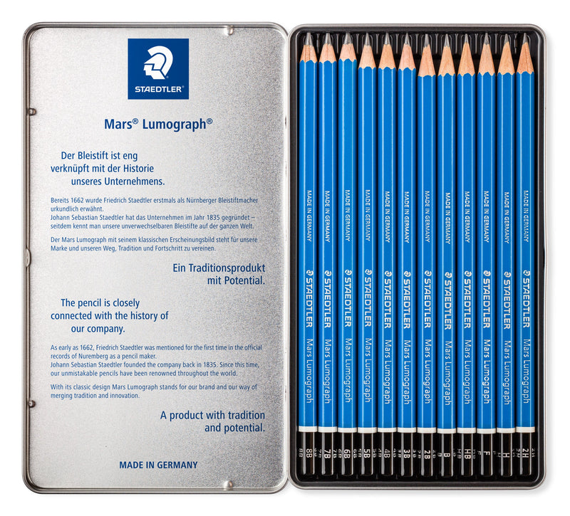 STAEDTLER - Crayons graphite - Mars Lumograph 100 - Boîte métal 12 crayons graphite assortis (8B, 7B, 6B, 5B, 4B, 3B, 2B, B, HB, F, H, 2H) - 100 G12 S