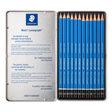 STAEDTLER - Crayons graphite - Mars Lumograph 100 - Boîte métal 12 crayons graphite assortis (6B, 5B, 4B, 3B, 2B, B, HB, F, H, 2H, 3H, 4H) - 100 G12