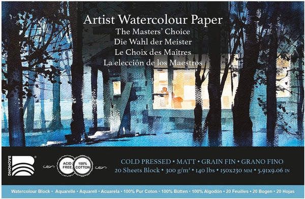 Bloc de papier aquarelle Baohong qualité professionnelle - Masters'Choice  150x230 20 feuilles 300g grain fin