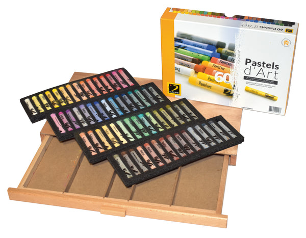 Pack boîte 60 pastels Dalbe + Boîte bois vide de rangement avec tiroir