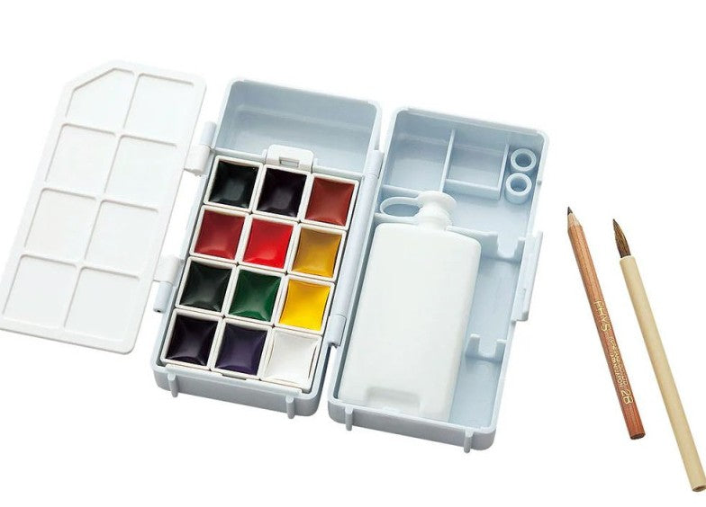 Boîte de voyage 12 petits godets aquarelle Japonaise & accessoires