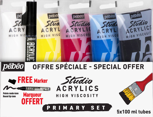 Set de 5 tubes de 100 ml de peinture acrylique Studio + 1 marqueur offert !