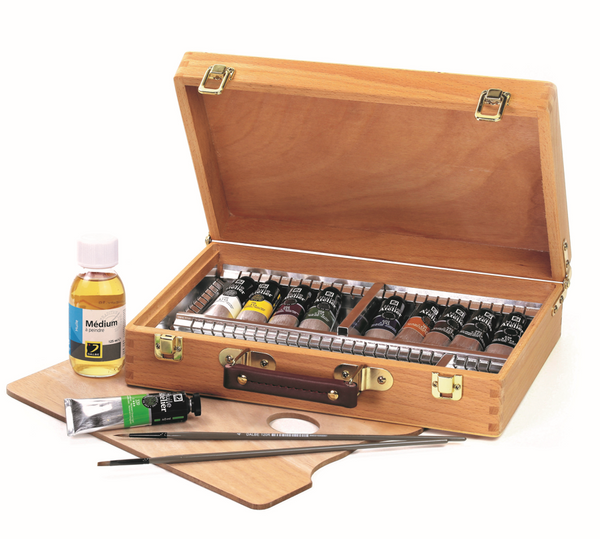 Coffret bois huile fine Atelier 10 tubes de 40 ml assortis + accessoires