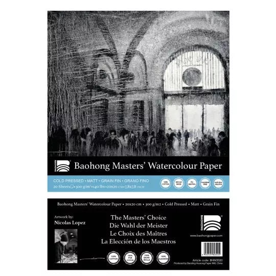 Bloc de papier aquarelle collé 4 côtés Masters Baohong 20x20 300g 20 feuilles grain fin