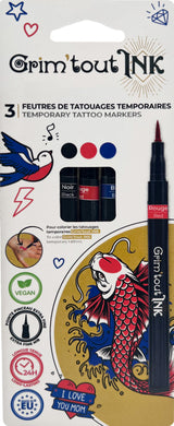 Gamme Grim'Tout Ink - Set 3 feutres de tatouage temporaire - couleurs traditionnelles