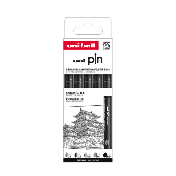 Pochette 5 feutres Tech Uni-Pin assortis noir profond 0,1-0,3-0,5-0,7 & 0,9 mm