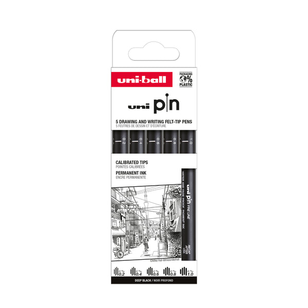 Pochette 5 feutres Tech Uni-Pin assortis noir profond 0,2-0,4-0,6-0,8 & 10 mm