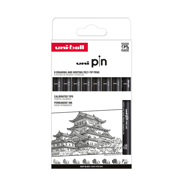 Pochette 8 feutres Tech Uni-Pin noir assortis 0,03mm 0,1-0,3-0,5-0,7-0,9-1,2mm-brush