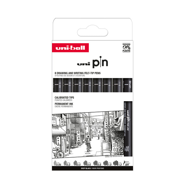 Pochette 8 feutres Tech Uni-Pin noir assortis 0,05mm 0,2-0,4-0,6-0,8-1,0-1,2mm-brush