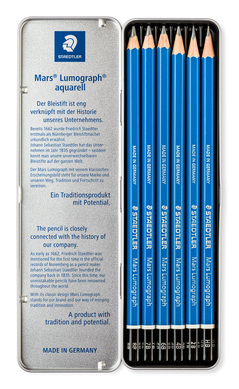 STAEDTLER - Crayons graphite - Mars Lumograph 100 - Boîte métal 6 crayons graphite assortis (8B, 7B, 6B, 4B, 2B, HB) - 100 G6