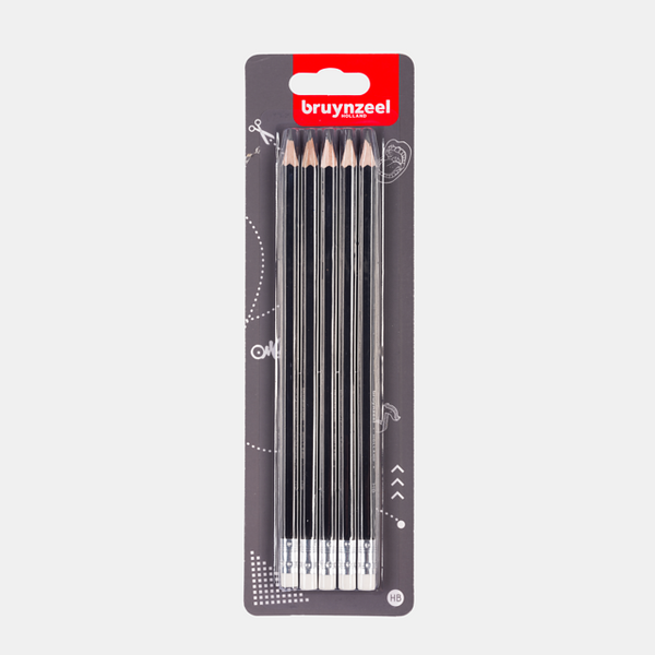 Blister de 5 crayons mine graphite HB + gomme