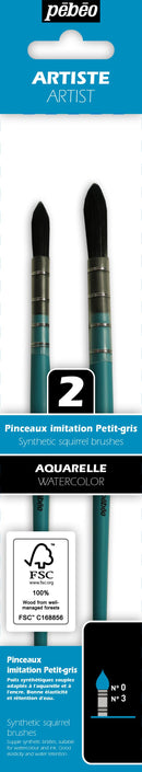Pochette de 2 Pinceaux Aquarelle Lavis n°0/3 imitation petit gris manche court