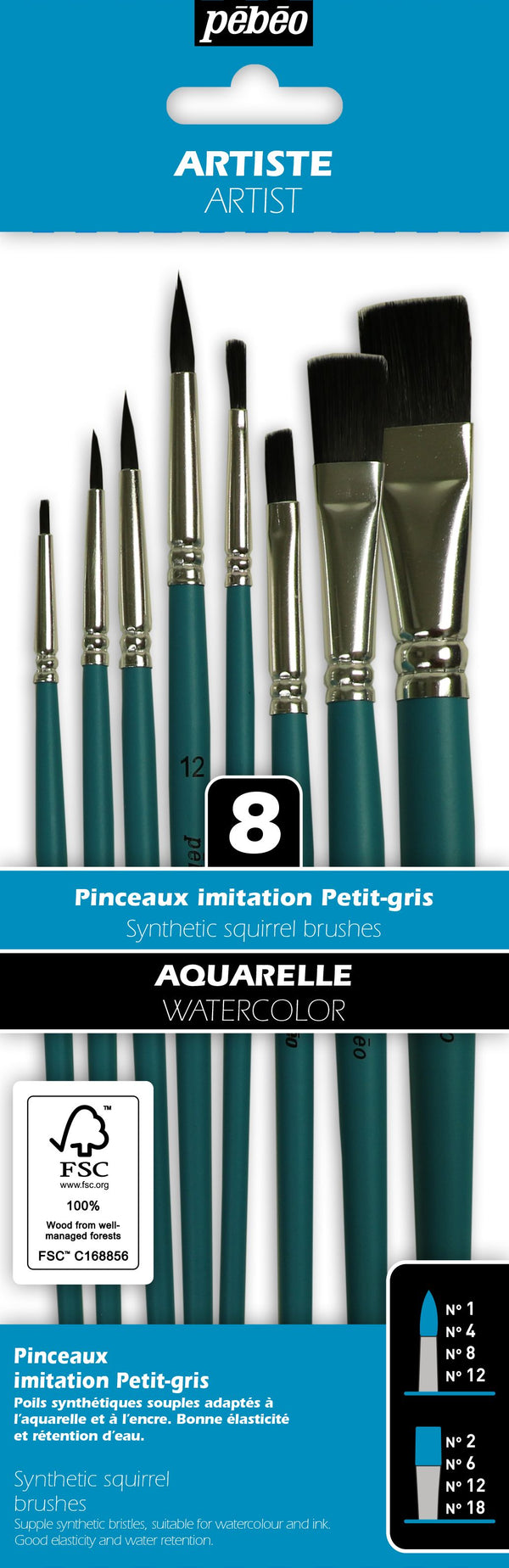 Pochette de 8 Pinceaux Aquarelle ronds & plats imitation petit gris manche court
