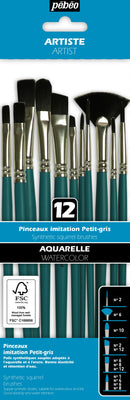 Pochette de 12 Pinceaux Aquarelle assortis imitation petit gris manche court