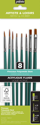 Pochette de 8 Pinceaux assortis manche court polyamide doré