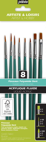 Pochette de 8 Pinceaux assortis manche court polyamide doré