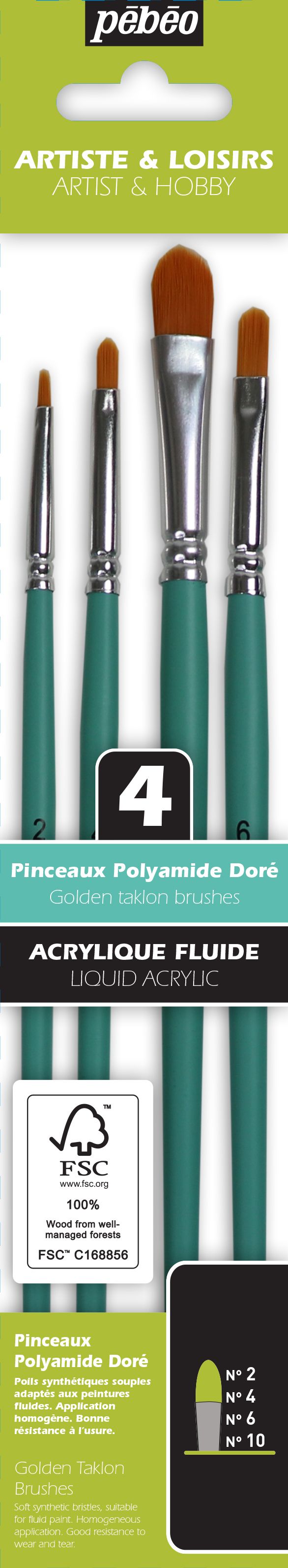 Pochette de 4 pinceaux Filbert assortis manche court polyamide doré n°2,4,6 & 10
