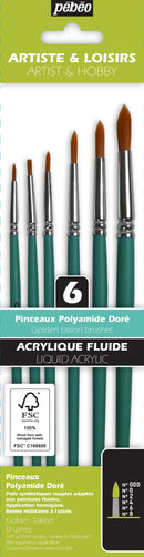 Pochette de 6 pinceaux Ronds assortis polyamide doré  - Manche court