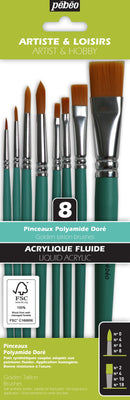 Pochette de 8 pinceaux Plats & Ronds assortis polyamide doré  - Manche court