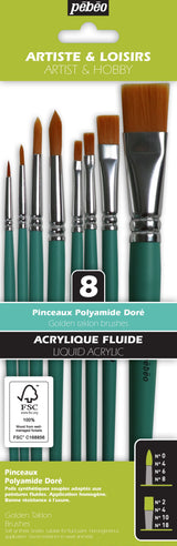 Pochette de 8 pinceaux Plats & Ronds assortis polyamide doré  - Manche court