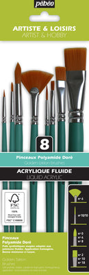 Pochette de 8 pinceaux assortis polyamide doré  - Manche court