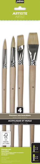 Pochette de 4 pinceaux Plats & Ronds assortis - soie beau blanc - Manche long