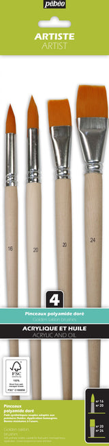 Pochette de 4 pinceaux  Plats & Ronds assortis polyamide doré - Manche long