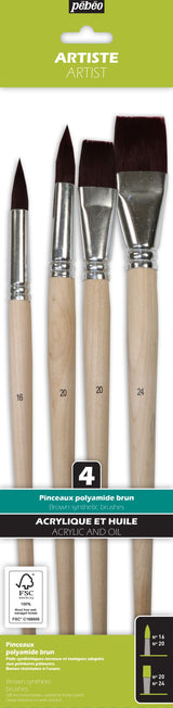 Pochette de 4 pinceaux  Plats & Ronds assortis polyamide brun - Manche long