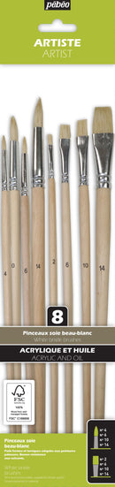 Pochette de 8 pinceaux Plats & Ronds assortis - soie beau blanc - Manche long