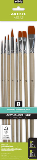 Pochette 8 pinceaux manche long plat + rond polyamide doré