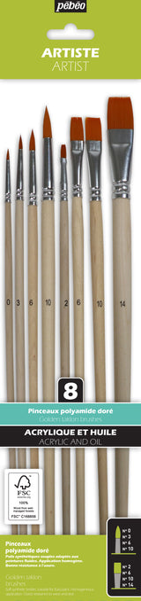 Pochette 8 pinceaux manche long plat + rond polyamide doré