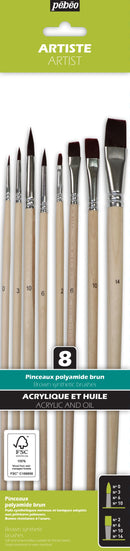 Pochette de 8 pinceaux  Plats & Ronds assortis polyamide brun - Manche long