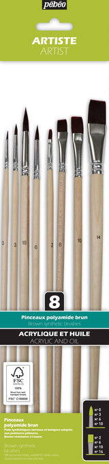 Pochette de 8 pinceaux  Plats & Ronds assortis polyamide brun - Manche long