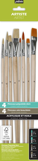 Pochette de 8 pinceaux Plats & Ronds assortis - soie beau blanc & polyamide doré - Manche long