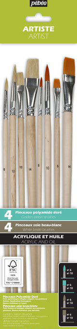 Pochette de 8 pinceaux Plats & Ronds assortis - soie beau blanc & polyamide doré - Manche long