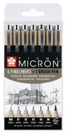 Set 6 feutres noirs à pointe calibrée Pigma Micron +1 brush
