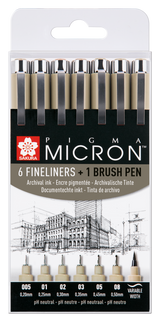 Set 6 feutres noirs à pointe calibrée Pigma Micron +1 brush