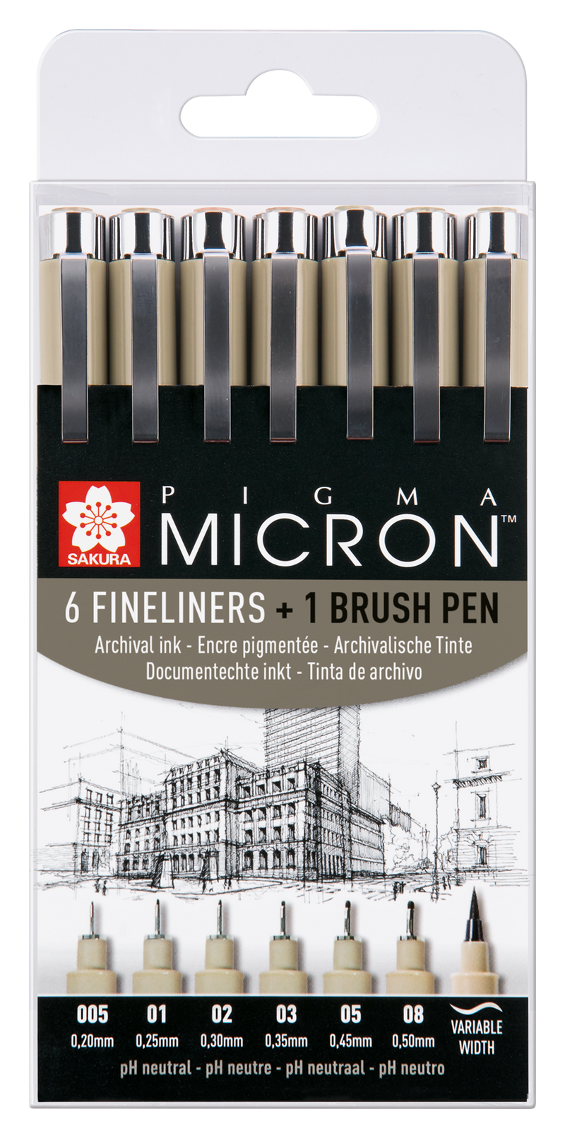 Set 6 feutres noirs à pointe calibrée Pigma Micron +1 brush