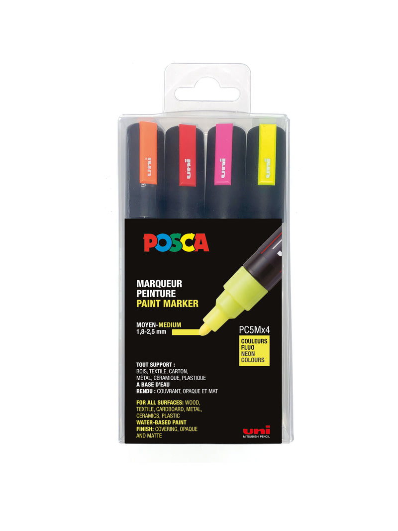 Pochette de 4 POSCA pointe conique moyenne PC-5M assortis couleurs fluo