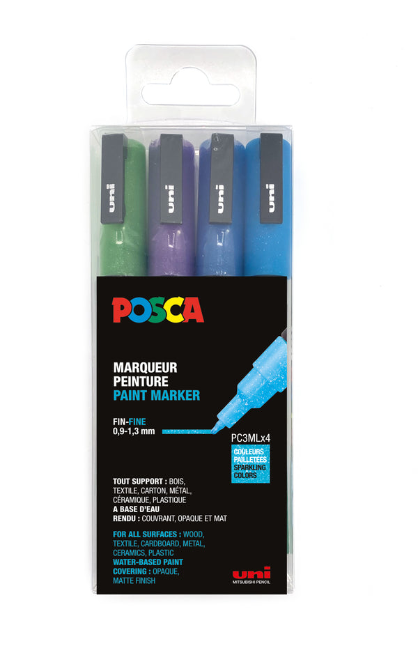 Pochette de 4 POSCA pointe conique fine PC-3ML assortis couleurs froides pailletées