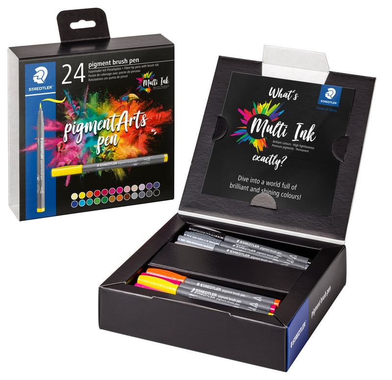 Pigment brush 371 - Etui carton 24 feutres pointe pinceau couleurs assorties - Encre Multi Ink intense