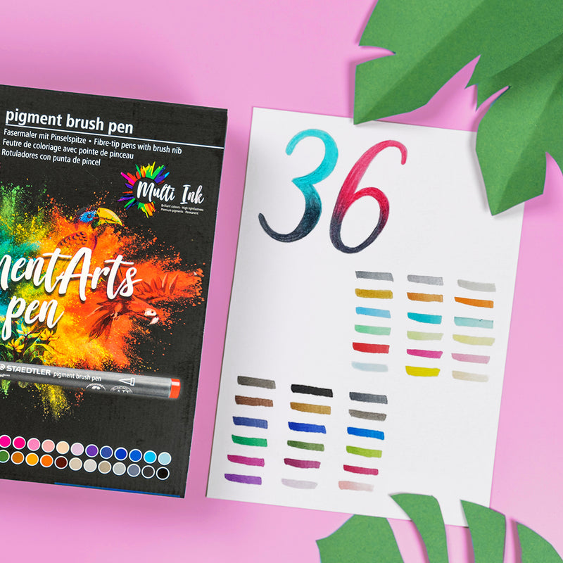 Pigment brush 371 - Etui carton 36 feutres pointe pinceau couleurs assorties - Encre Multi Ink intense