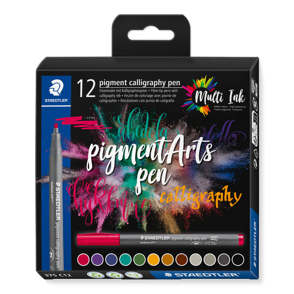 Pigment calligraphy 375 - Etui carton 12 feutres pointe calligraphie 2 mm couleurs assorties - Encre Multi Ink intense