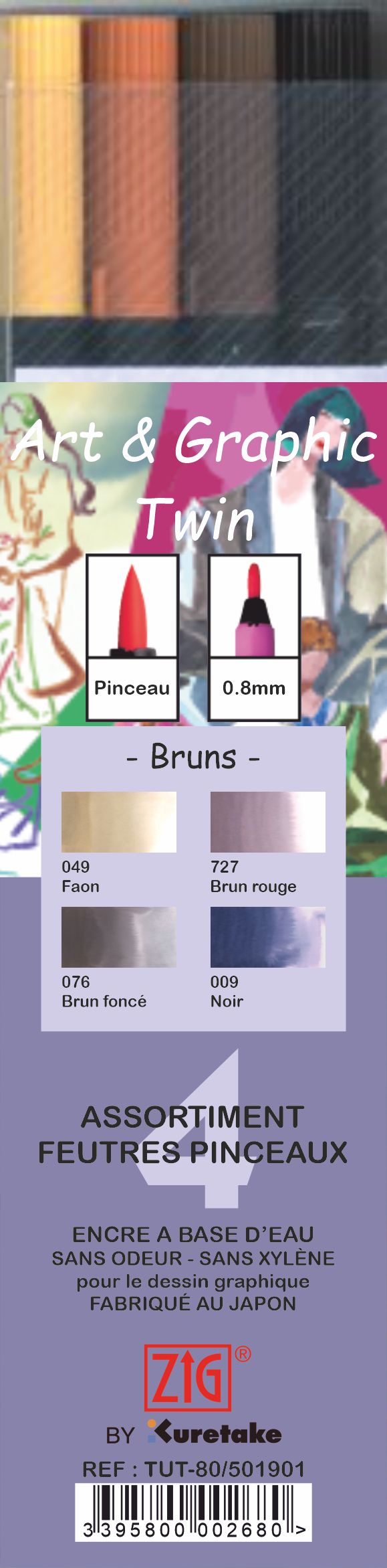Etui 4 feutres pinceaux bruns double pointe Art & Graphic